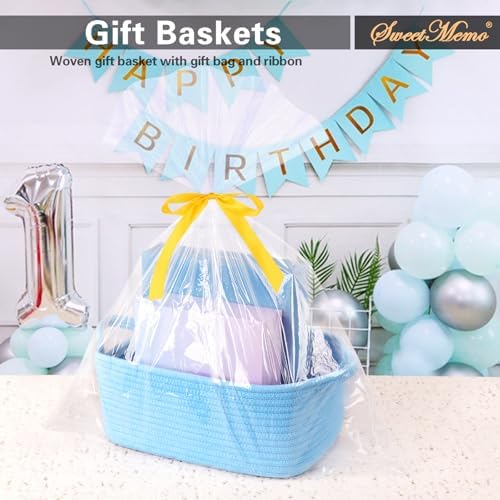 Large Empty Gift Baskets to Fill, Cute Woven Basket for Teen Girls, Women, Baby Shower - SweetMemo Decorative Small Toy Bin with Handles for Decor, Bathroom, with Gifting Bags and Ribbon, Sky Blue