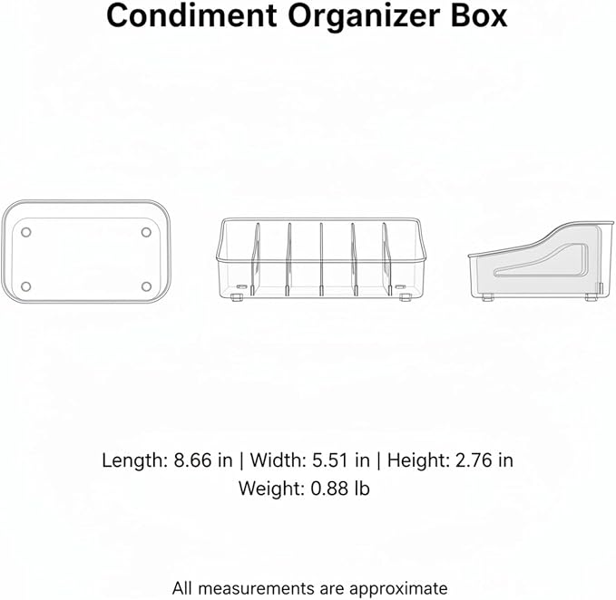 Condiment Organizer Box with Dividers, Clear PET Plastic Storage Caddy for Kitchen Drawers and Cabinets, 8.7 x 5.5 x 2.8 Inches (1 PC)