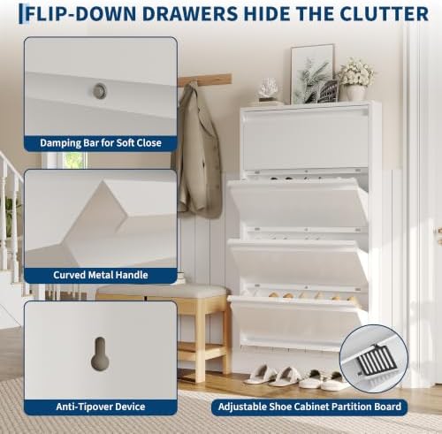 Garvee Slim Metal Shoe Cabinet with 4 Flip Drawers for Entryway, White | Narrow Shoe Storage, Wall Mounted or Floor Standing, Detachable Bottom Corners for Flexible Placement, Anti-Tip Wall Mount
