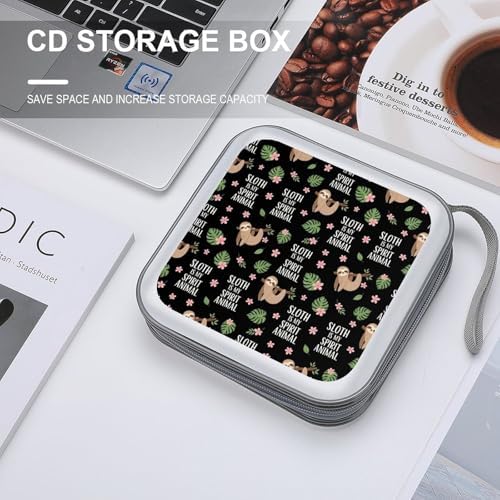 Protective 40-Capacity CD Organizer Sloth Spirit Animal, Hard Case Storage Binder with Zipper, Portable Wallet for Car Home Office