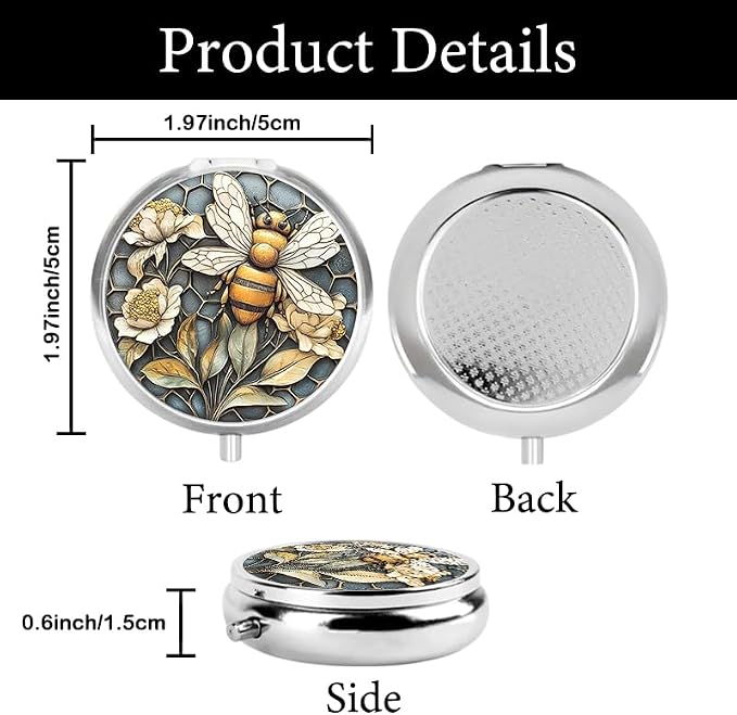 Portable Round 3 Compartment Metal Pill Box Beautiful Detailed Aluminum Wall Sign with Gorgeous Bee and Honeycomb Design for Home Office or Gift Use