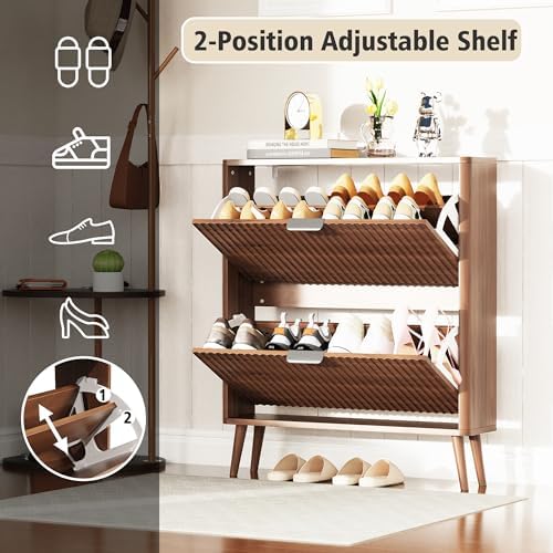 KIGOTY Narrow Shoe Storage Cabinet, Shoe Cabinet with 2 Flip Drawers, Freestanding Shoe Organizer with Legs for Entryway, Slim Shoe Rack Cabinet for Enterway (Walnut, 2 Flip Drawer)