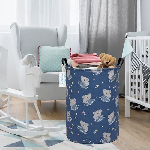 Round Laundry Basket Collapsible Storage Hamper Organizer Space Koala | Waterproof Canvas Foldable Baskets with sturdy Handles Multi-scene Organizer for Home Play Bedroom Gift Bin