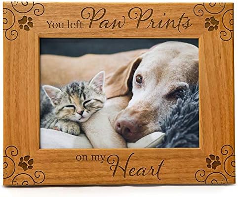 You Left Paw Prints On My Heart - Pet Memorial Picture Frame Gift, Engraved Natural Wood Fits a 5x7 Horizontal Portrait, Dog Remembrance, Sympathy Gift, In Memory of, Dog passing away, Condolence