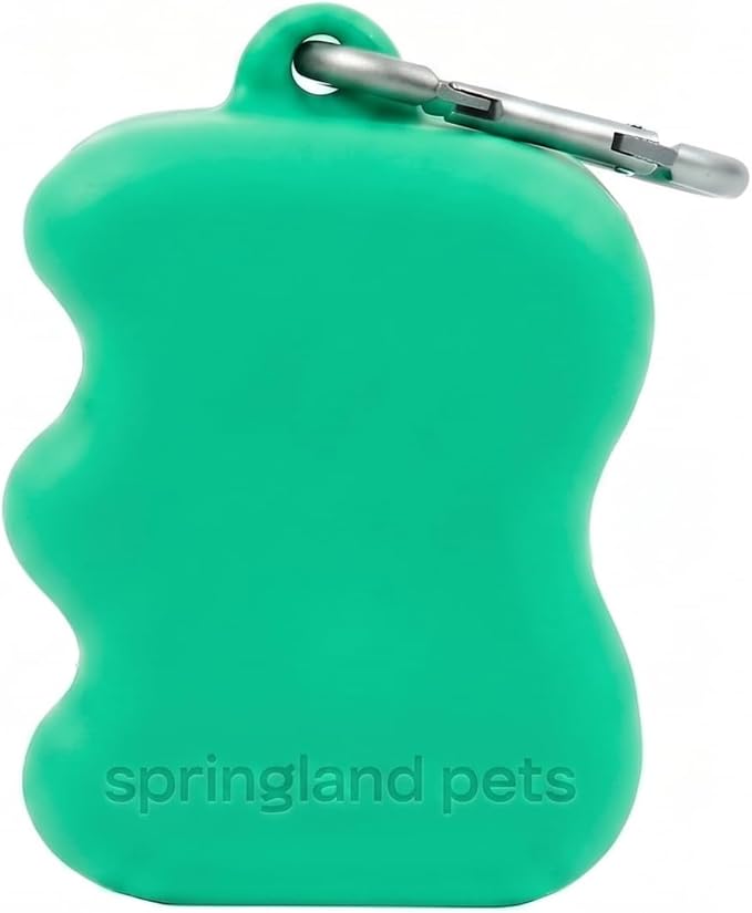 Springland Silicone Dog Training Treat Pouch for Leash, Green | One-hand squeeze dispenser, food-grade silicone, BPA-free, carabiner included, easy-fill holder for rewards on the go