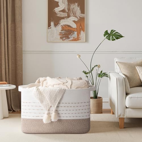OIAHOMY 108L Extra Large Blanket Basket, 25”x16”x16” Rectangle Woven Cotton Rope Baskets for Living Room, Toy Storage with Handle- Gradient Light Brown