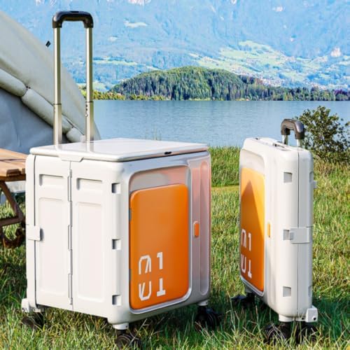Rolling Crate with Lid Foldable Rolling Crate Lightweight Trolley with Lid for Camp, White Gray