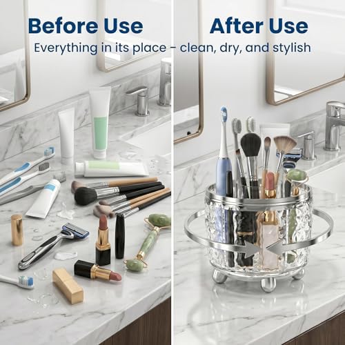 360°Rotating Toothbrush Holder with Cover, Dustproof Electric Toothbrush and Toothpaste Holder for Bathroom Countertop, 3 Slots Makeup Brush Organizer & Bathroom Storage (Transparent Silver)