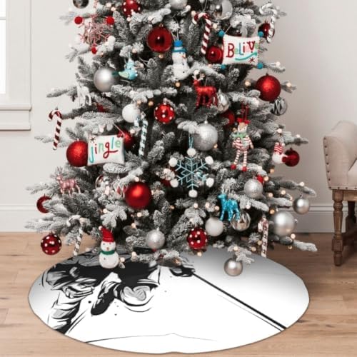 Christmas Tree Skirt, Soft Polyester Xmas Tree Skirts with Ribbon Ties, Rustic Farmhouse Holiday Party Decorations Ice Skating Hockey Player Sketch Style 36"