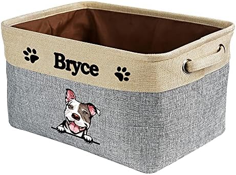 Personalized Storage Basket with Cute Dog Pit Bull Collapsible Sturdy Fabric Pet Toys Fabric Dog Toy Storage Bin Cube with Handles for Organizing, Grey and White
