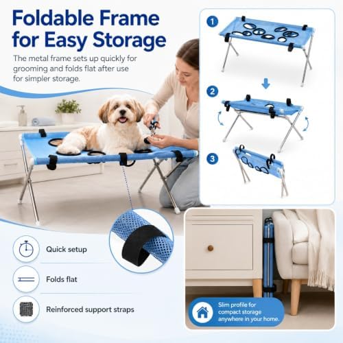 2-in-1 Foldable Pet Grooming Bed, Pet Shower Hammock with Stand (Blue) | Dog Washing Hammock, Dog Bath Chair, Quick Dry Mesh Table, Secure Support Strap, Multifunctional Holder for Bathing, Haircuts