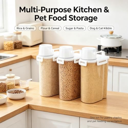 Gagee 4 Pack 3-5 Lb Pet Dog Cat Food Storage Container With Measuring Cup | Cereal Dry Food Flour Bin, Rice Dispenser, BPA Free Plastic Kitchen and Pantry Organization Bin for Sugar,Clear