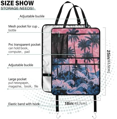 2 Pack Back Seat Car Organizer with Storage Pockets Kick Mats Back Seat Protector Hanging Car Organizer Automotive Seat Back Cover Organizers Palm Tree Wave Pink