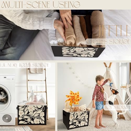 Boho Black and Beige Floral Storage Bins with Handles, Abstract Boho Neutral Flower Botanical Collapsible Laundry Basket Storage Box for Home Bedroom Bathroom Clothes Toys Books
