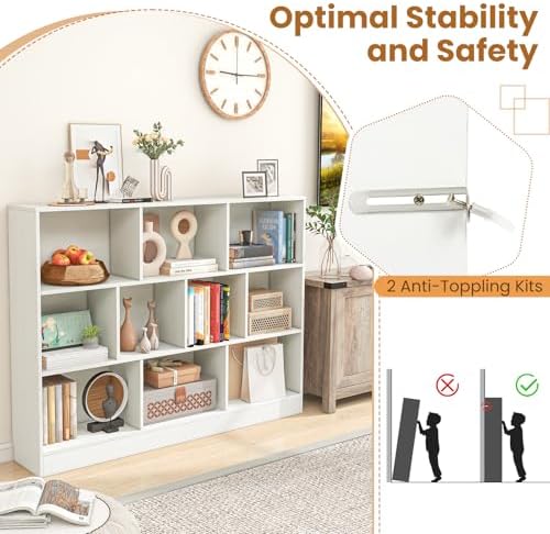 Giantex 10 Cube Bookcase, 4-Tier Freestanding Bookshelf w/ 10 Open Compartments, 2 Anti-Tipping Kits, Modern Display Cabinet, 41" Wood Cubby Storage Organizer for Living Room, Bedroom, White