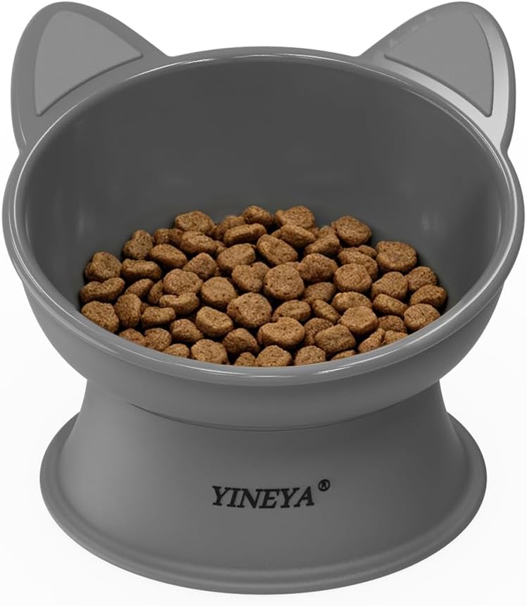 YINEYA Cat Bowls, Cat Food Bowl Elevated to Protect Neck & Anti-Vomit, Whisker-Friendly Raised Food & Water Bowls for Indoor Cats/Small Dogs, Cute Pet Feeding Bowl 6 OZ Each, Dishwasher Safe, Gray