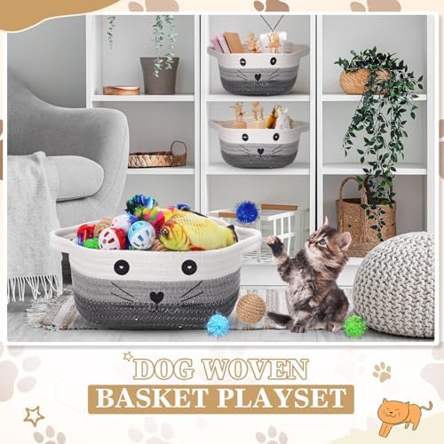 Zopeal 58 Pcs Summer Cat Storage Basket Gift Toys Set, Colorful Flashing Balls Pet Bell Crinkle Balls Spring Toys Attract Cat to Swat, Hunt, Interactive for Pet(Multicolor,9.8 Inch)