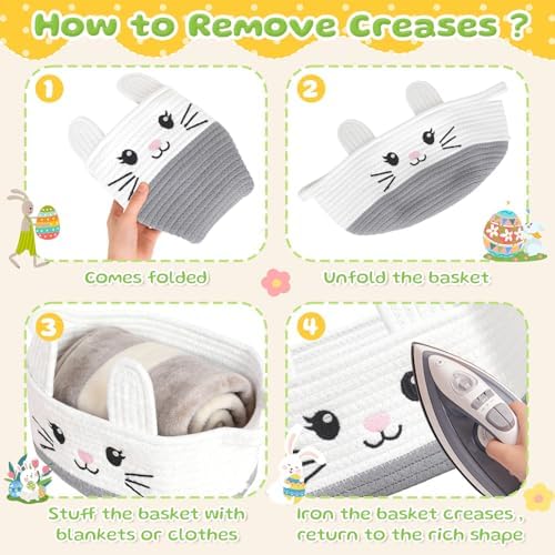 Small Woven Storage Basket with Handle, Cute Cotton Rope Bunny Baskets for Gift Empty, Storage Basket for Toy Organizer