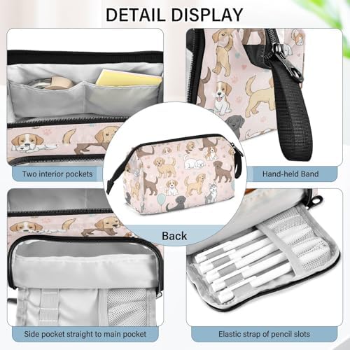 Emelivor Cute Pets Dogs Pink Print Pencil Case Large Capacity Pencil Pouch Bag with Compartmens Pen Organizer Portable Stationery Bag for School Office Men Women Adults