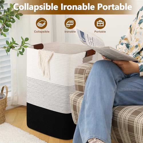 Laundry Hamper 96L Extra Large Laundry Basket, Woven Blanket Basket | Cotton Woven Storage Hamper with Handles for Living Room, Large Baskets for Pillows, Blankets, Clothes-Gradient Black