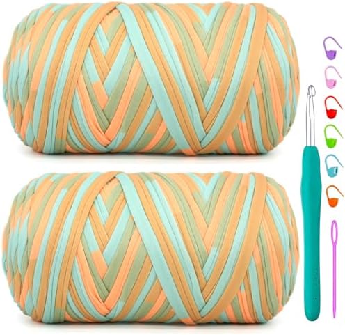 2 Pack Tshirt Yarn for Crochet,Rainbow T Shirt Soft Elastic Fabric Chunky Thick T-Shirt Crochet Yarn for Crocheting Knitting Beginner Hand Knitting Bag/DIY Craft/Home Decor 2 * 400G-Orange Green