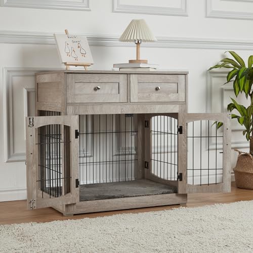 40'' Wooden Dog Crate Furniture, Farmhouse Dog Kennel Indoor Furniture Style Dogs Crate Table with 2 Drawers for Small, Medium & Large Dogs Grey