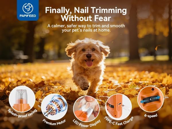 PAPIFFEED Dog Nail Grinder, Quiet 6-Speed Electric Nail Trimmer with Dual LED Light, Rechargeable for Small Medium Large Dogs, with Premium Nail Clipper (Orange Set)