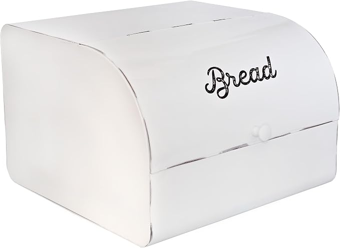 AuldHome Design Large White Bread Box; Farmhouse Enamelware Vintage Style Family Size Countertop Bread Bin