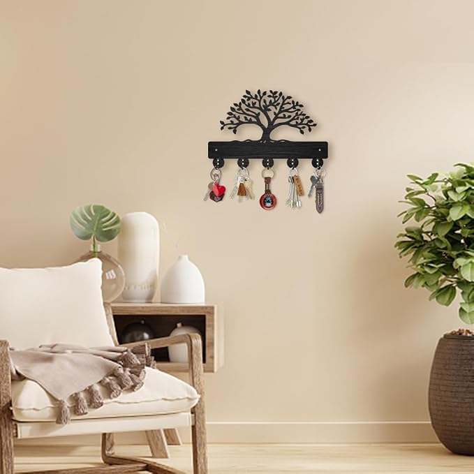 MAYJOYDIY Tree of Life Coat Rack Wall Mount 11.8×7.9inch Lush Tree Key Holder for Wall Decorative Wood Black Key Rack Hanger 5 Alloy Hooks for Wall Art Decor Entryway Front Door Gift