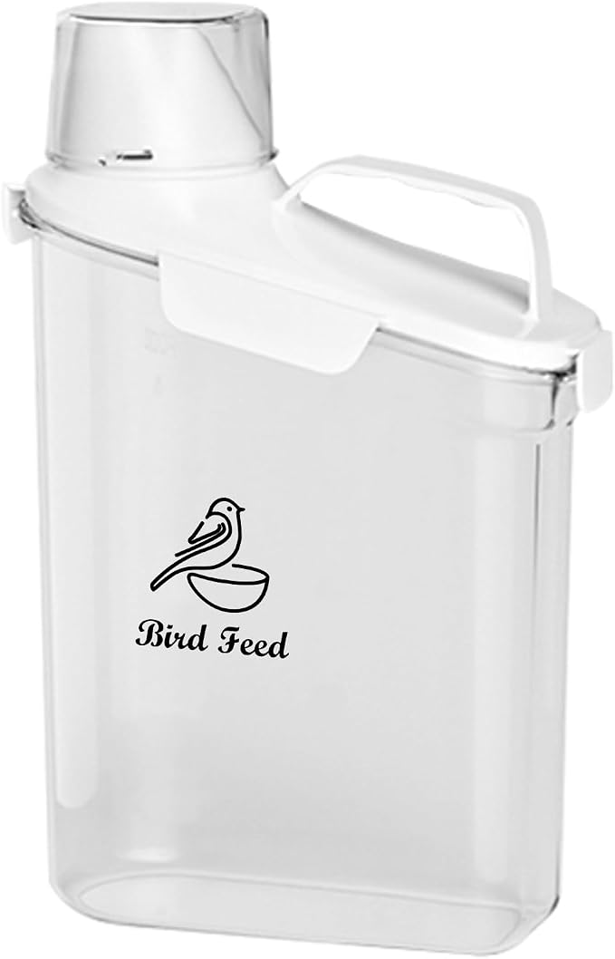 Bird Seed Storage Container Portable-3 Qt/2.8 L Clear Pet Food Container-with Measuring Cup/Lid,Airtight Wild Bird Seed Dispenser for Storing Sunflower Seed|Squirrel proof|BPA Free-White