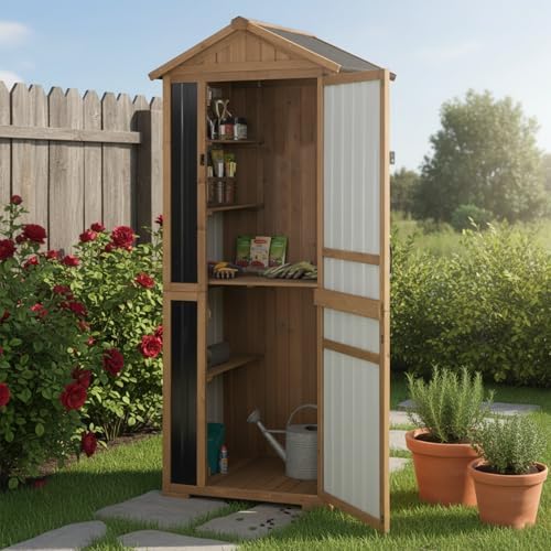 Ketive Outdoor Storage Cabinet 70 Inch, Wooden Vertical Garden Tool Storage Shed with Adjustable Shelves, Waterproof Roof, Lockable Doors, Small Backyard Utility Cabinet for Patio Garage