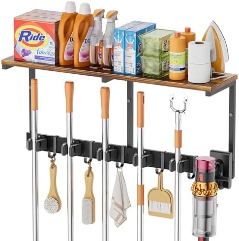 Broom Holder Wall Mount with Cleaning Supplies Organizer, Laundry Room Organization and Storage Shelves with Mop Hanger Rack Gripper Hooks, Utility Shelf Closet Organizer for Home Garage Kitchen