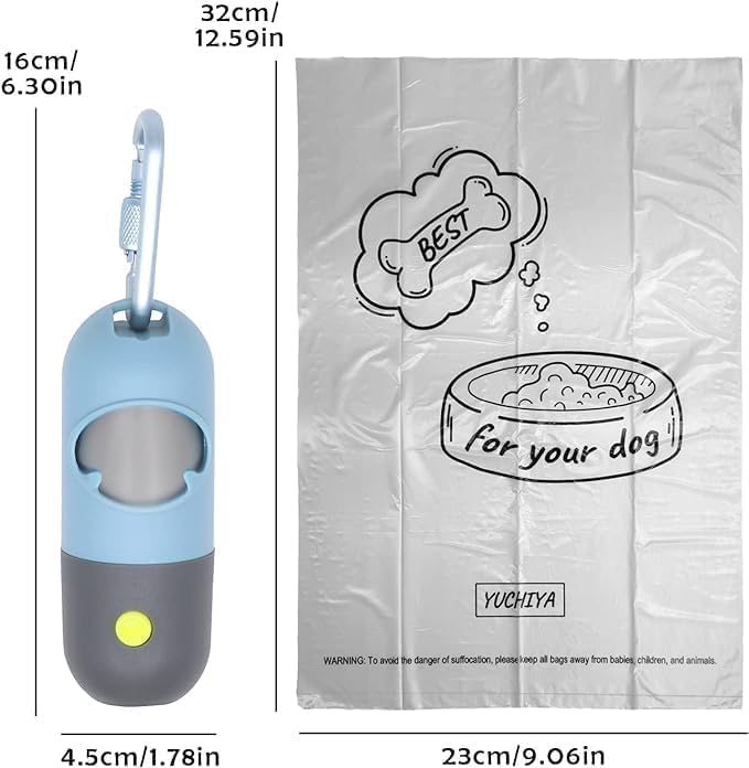 YUCHIYA Dog Poop Bag Holder Dispenser with LED Flashlight(Blue) | 100ft Ultra-Bright LED|Glow-in-the-Dark Avacado Clip|Metal Carabiner&Silicone Tether|15 Leak-Proof Scented Waste Bags