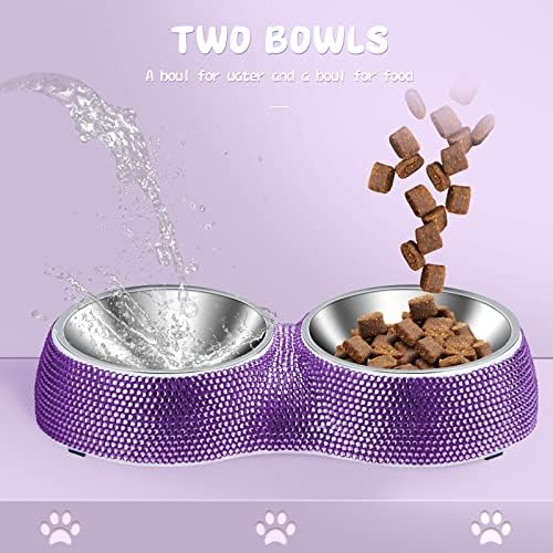 eing Dog Bowls Double Dog Water and Food Bowls Stainless Steel Bowls with Non-Slip Resin Station and Bling Rhinestones, Pet Feeder Bowls for Puppy Medium Dogs Cats Puppy Pets,Purple