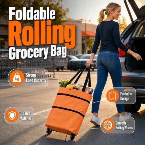 Foldable Shopping Cart Rolling Bag, Heavy Duty Wheeled Cart Bag | Portable Compact Cart for Groceries, Laundry & Camping Gear for Travel & Apartment Storage