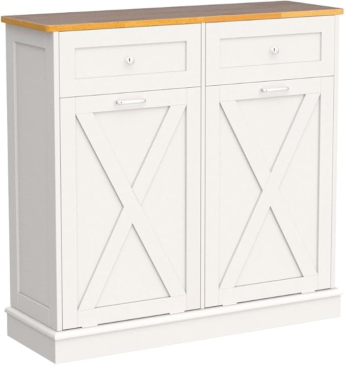 TOLEAD Double Tilt Out Trash Can Cabinet 2 x 10 Gallon Wooden Hidden Trash Cabinet with Barn Door & Solid Wood Top, Farmhouse Kitchen Garbage Bin Enclosure, Pet Proof Odor Blocking for Kitchen, White