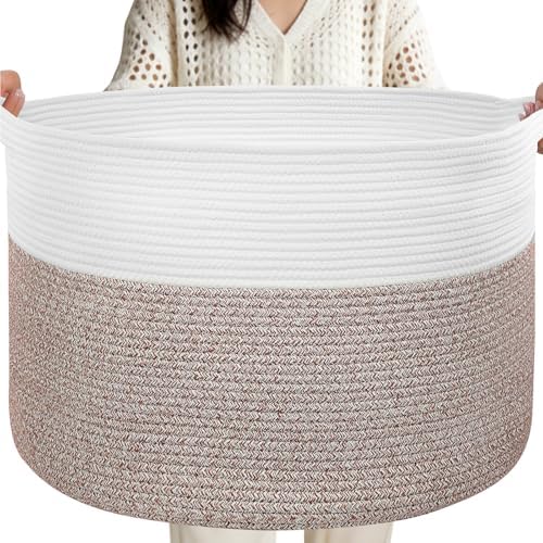 90L Large Blanket Basket Storage with Handles - White & Brown