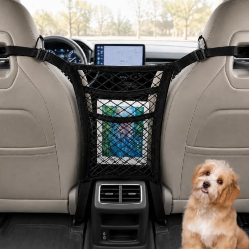 3-Layer Car Mesh Organizer, Dog Barrier Between Front Seats, Elastic Seat Back Net Bag for Kids, Pets, Tissue, Purse, Storage Pouch, Stretchable for SUV Van Truck