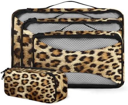 Leopard Print 4 Set Packing Cubes Luggage Organizer Bags for Travel Accessories and Essentials, Cheetah Wild Safari