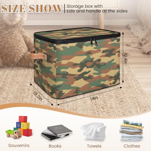 Green Camouflage Storage Box with Zipper Lid | Collapsible, Fabric, Storage Bin, Handle, Large, Closet Organizer, Containers, Bedroom, Home, Green Camo
