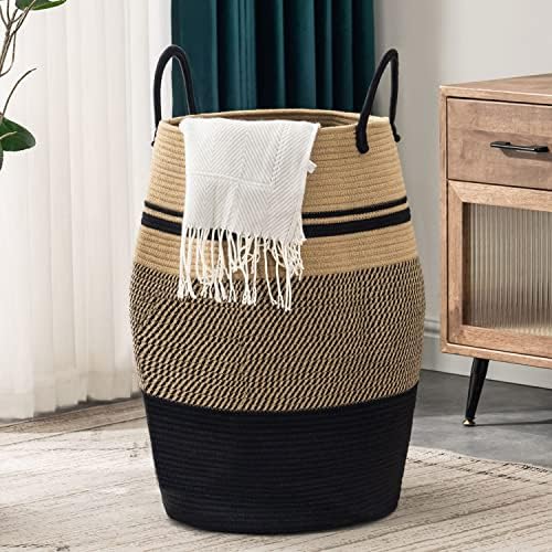 Large Laundry Basket Hamper Woven Blanket Basket Clothes Hamper | 105L Tall Clothes Hamper, Rope Wicker Laundry Basket, Storage Basket for Toys, Dirty Cothes in Bedroom, Living Room Organizer