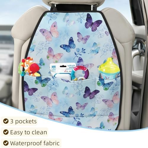 Car Seats Back Protector 2 PCS - Dreaming Butterfly | with 3 Storage Pockets, Shield Seats From Dirt, Mud Scratches, Fits Cars SUVs Trucks and Jeeps
