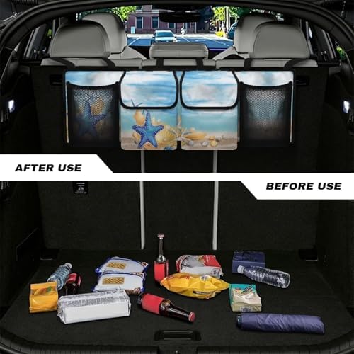 Dreaweet Blue Beach Trunk Organizer for Car Women Back Seat Hanging Organizer with 4 Pockets Portable Collapsible Trunk Organizer for SUV Sedan Van Car Storage Accessories Interior