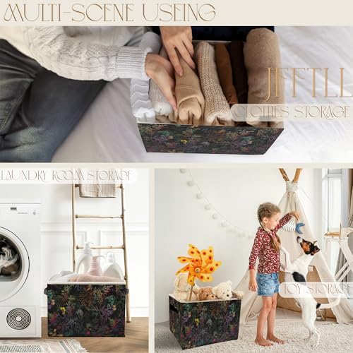 Dark Botanical Floral Storage Bins with Handles, Cottagecore Colorful Wild Flower Leaf Collapsible Laundry Basket Storage Box for Home Bedroom Bathroom Clothes Toys Books