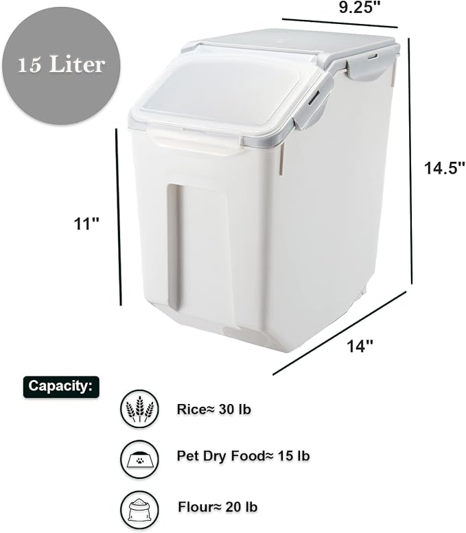 15 Liter / 30 lbs Rice Storage Container with Measuring Cup, BPA free, For Rice | Grain | Pet Food | Flour, 2 count, White & Gray