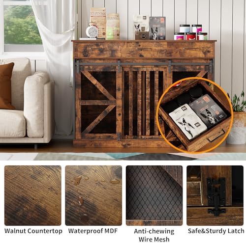 kepptory 48 Inch Large Dog Crate Furniture with 3 Storage Drawers, Wooden Pet Kennel with Removable Divider, Dog Kennel End Table TV Stand, Farmhouse Style Dog Crates with Sliding Barn Door (Brown)