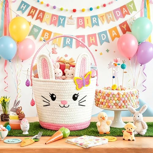 Small Woven Storage Basket with Handle, Cute Bunny Baskets for Gift Empty, Cotton Rope Storage Basket for Toy Organizer