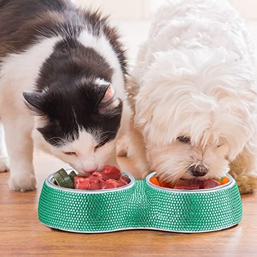 Dog Bowls Water and Food Bowls Stainless Steel with Non-Slip Resin Station and Bling Rhinestones, Pet Feeder Bowls for Puppy Medium Dogs Cats Puppy Pets (Green, Double)