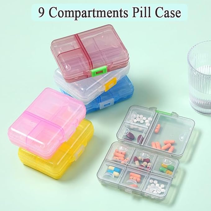 Airtight Pill Organizer Box, Large Size Daily Medicine Dispenser | Home Travel Essential Supplement Holder Pill Reminder, Portable Weekly Vitamin Fish Oil 9 Compartment Capsule Container, Pink