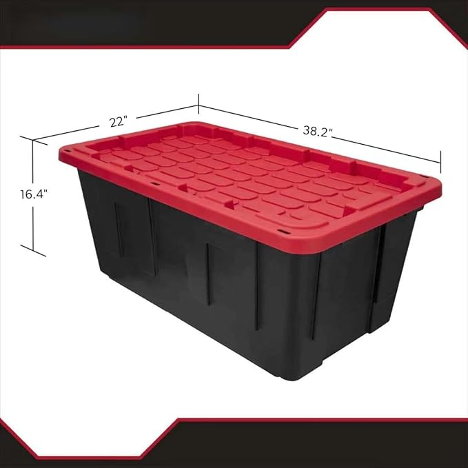 Pack Of 4 Heavy Duty 5 Gallon Plastic Storage Bins With Snap Lids, Black Base Red Lid Stackable Lockable Recycle Organizer Totes Indoor Outdoor Use